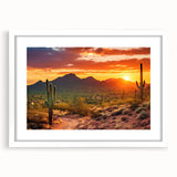 Abstract art print of Sonoran Desert with muted earth tones on a white framed mat, ideal for dining room decor.