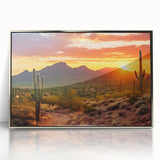 Mid-century modernist art depicting the Sonoran Desert in Arizona, featuring earth tones on a framed acrylic print.