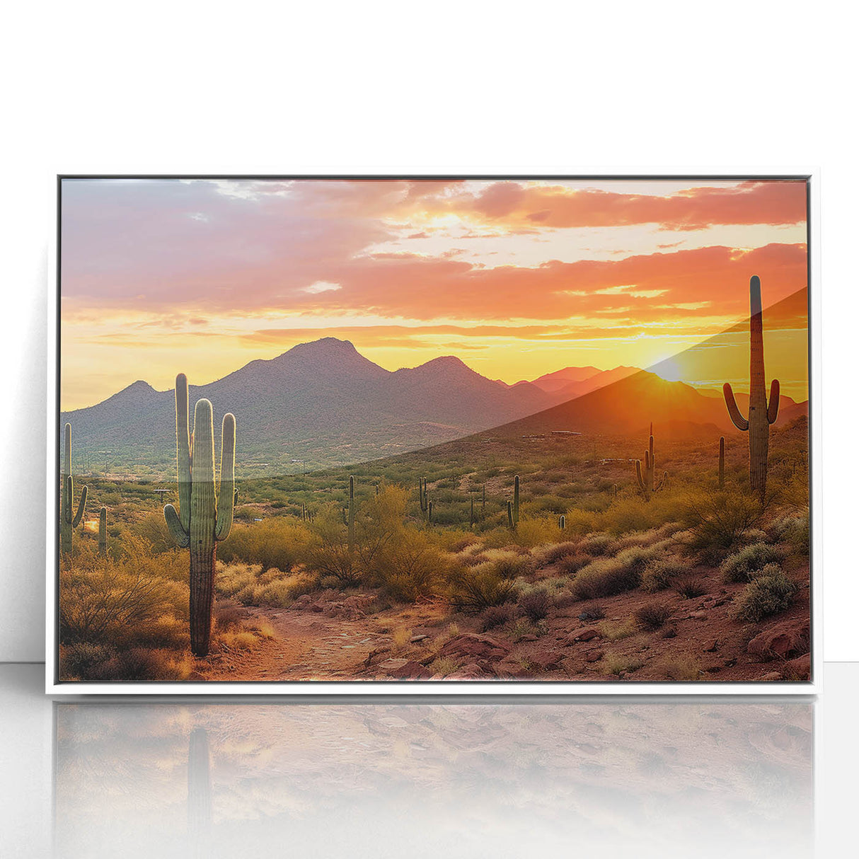 Acrylic print of Sonoran Desert with modern art style, featuring muted earth tones, ideal for nursery wall art.