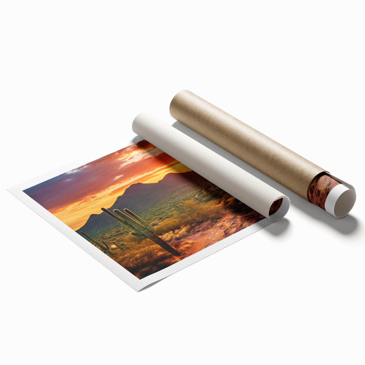Extra large rolled print of the Sonoran Desert with vibrant sunset hues, ideal for classy bathroom wall art.