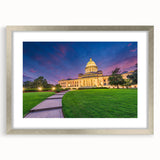Textured abstract art print of an Arkansas landscape in muted earth tones on a framed silver mat.
