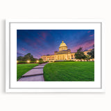 Abstract art print of Arkansas scenery in muted earth tones, framed with a white mat, suitable for dining room decor.