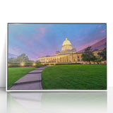 Acrylic print of a serene Arkansas landscape in soft pastel colors, framed in white, suitable for nursery wall art.