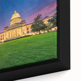 Extra large framed canvas featuring a textured depiction of an Arkansas landscape in black with vibrant, colorful accents.