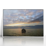 Art deco poster of Berkeley scenery in white acrylic frame, with soft gray and blue tones.