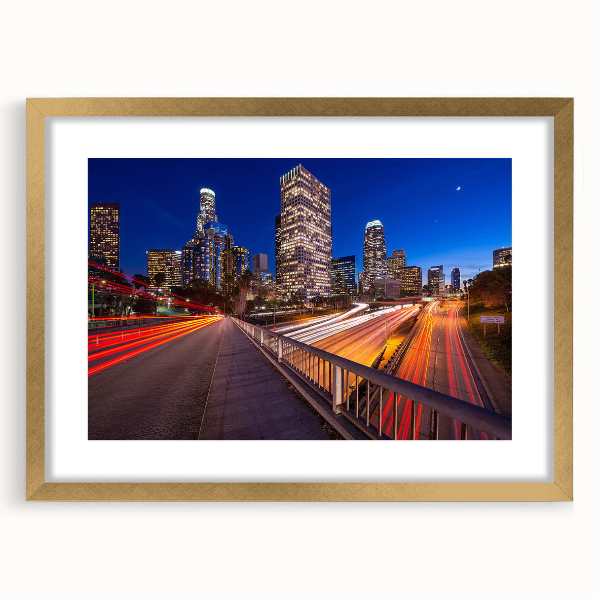 Extra large abstract art print of Beverly Hills scenery in muted earth tones on a textured canvas, framed in gold.