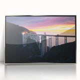 Mid-century modernist art depicting the Big Sur coastline in muted blues and greens on a framed acrylic print.