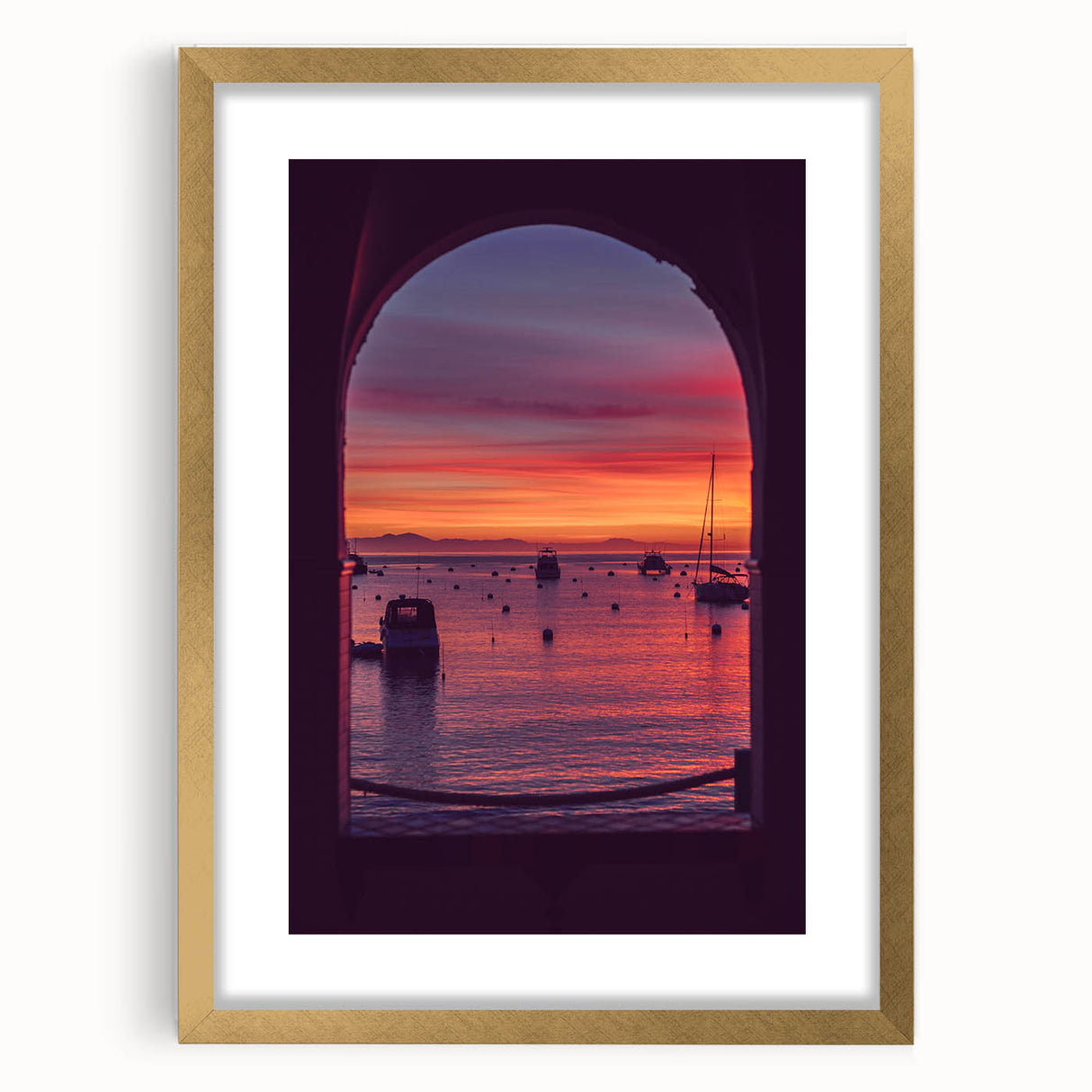 Extra large abstract art print of Catalina, California in textured style with gold frame, ideal for living room decor.