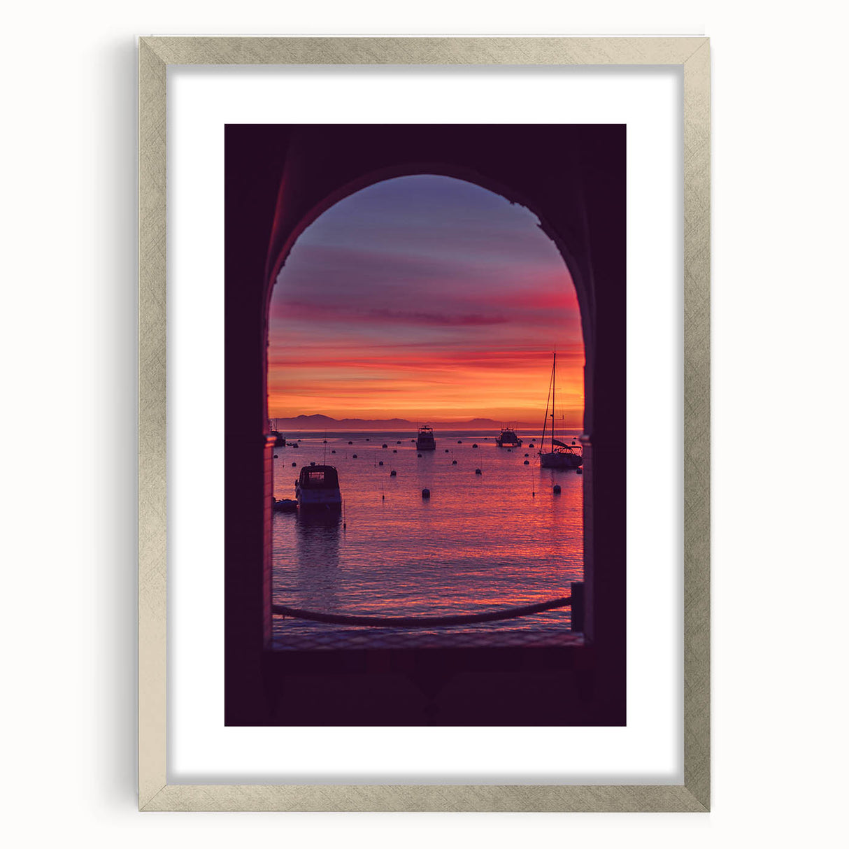 Textured abstract art print of Catalina, California in muted blue and silver tones, framed in silver, ideal for bedroom art.