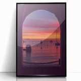 Large abstract wall art depicting a stylized California Catalina landscape in muted earth tones on a black-framed acrylic…