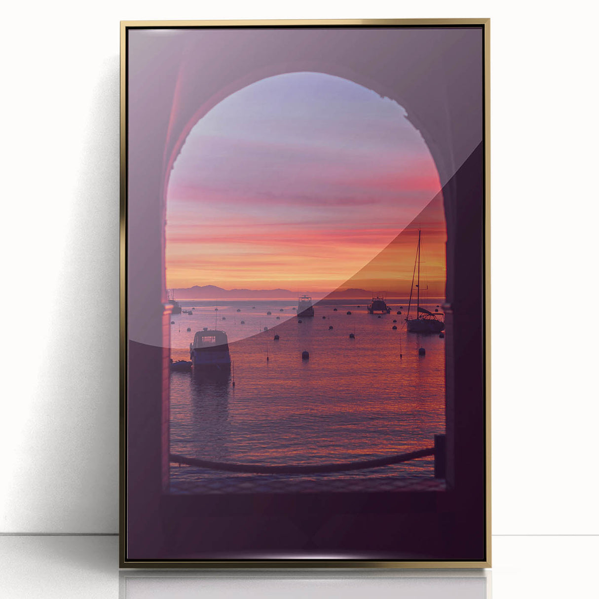 Large art print of Catalina, California scenery in mid-century modernist style, framed in gold acrylic.