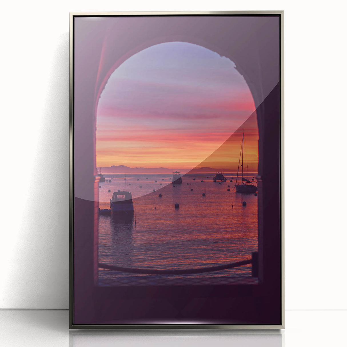 Mid-century modernist art depicting Catalina, USA in muted blue shades, framed in silver acrylic.