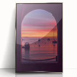 Mid-century modernist art depicting Catalina, USA in muted blue shades, framed in silver acrylic.