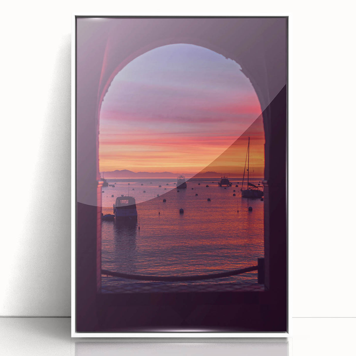 Art deco poster of Catalina, California, in muted colors on white framed acrylic, suitable for modern nursery decor.