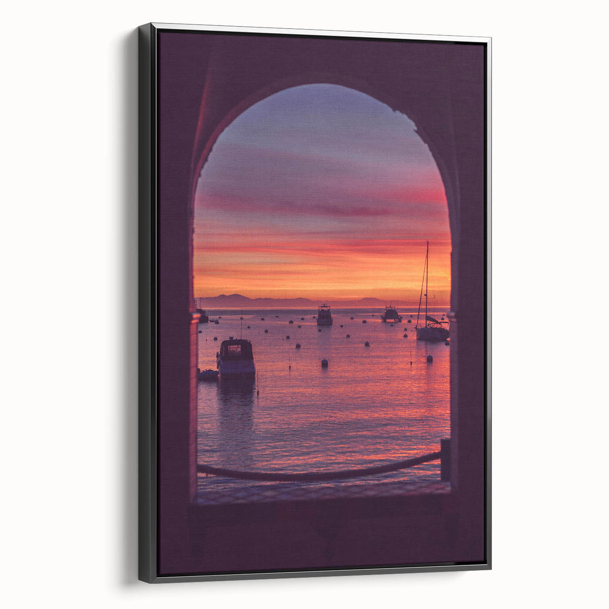 Black and white wall art featuring a vintage poster-style landscape of Catalina, California, on framed canvas.