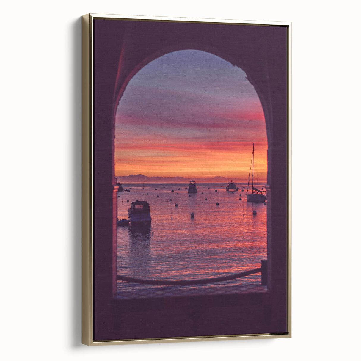 Framed canvas featuring a vintage-style landscape painting of Catalina, California, in muted earth tones.