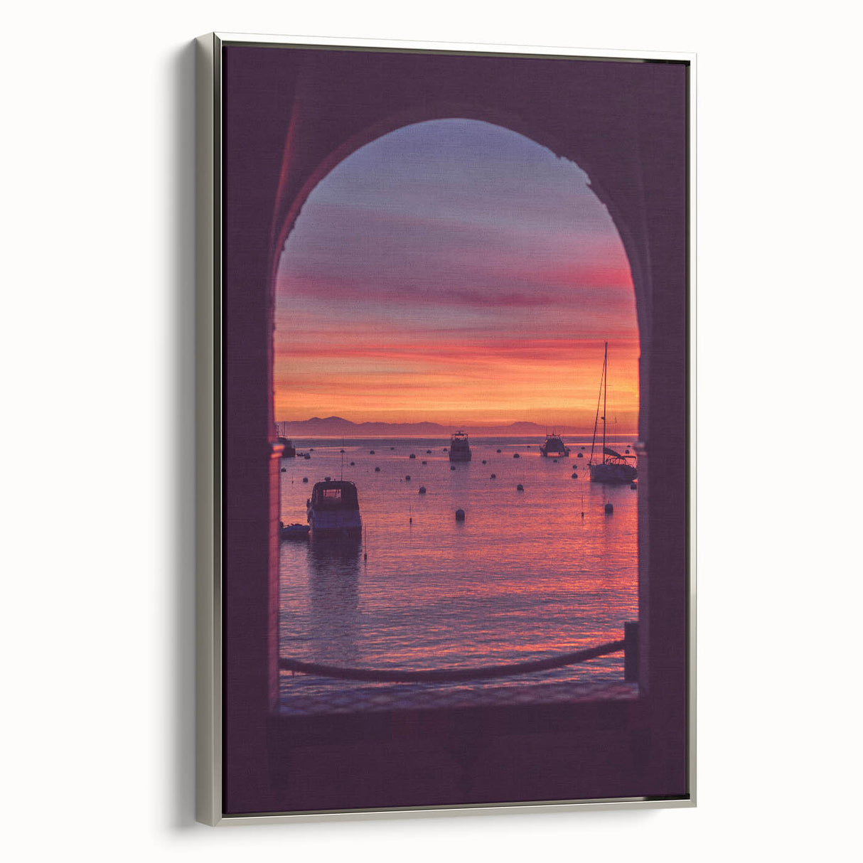 Framed canvas depicting a vintage-style Catalina, California landscape with colorful and black elements.
