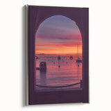 Framed canvas depicting a vintage-style Catalina, California landscape with colorful and black elements.