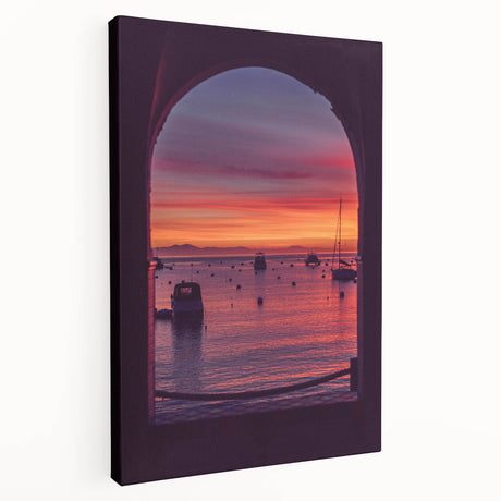 Side view of a stretched canvas featuring a serene Catalina, California landscape in soft blue and green tones.