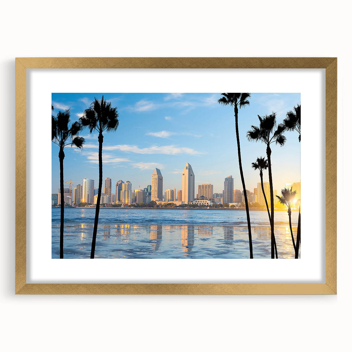 Extra large abstract art print of a textured California scene in muted earth tones, framed in gold.