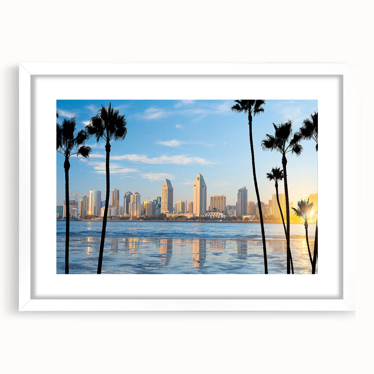 Abstract art print of Coronado, California, with a blend of vibrant sunset tones on a white framed mat.