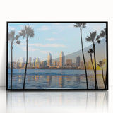 Large abstract wall art depicting the Coronado, California shoreline in muted blue and gray tones on a framed acrylic panel.