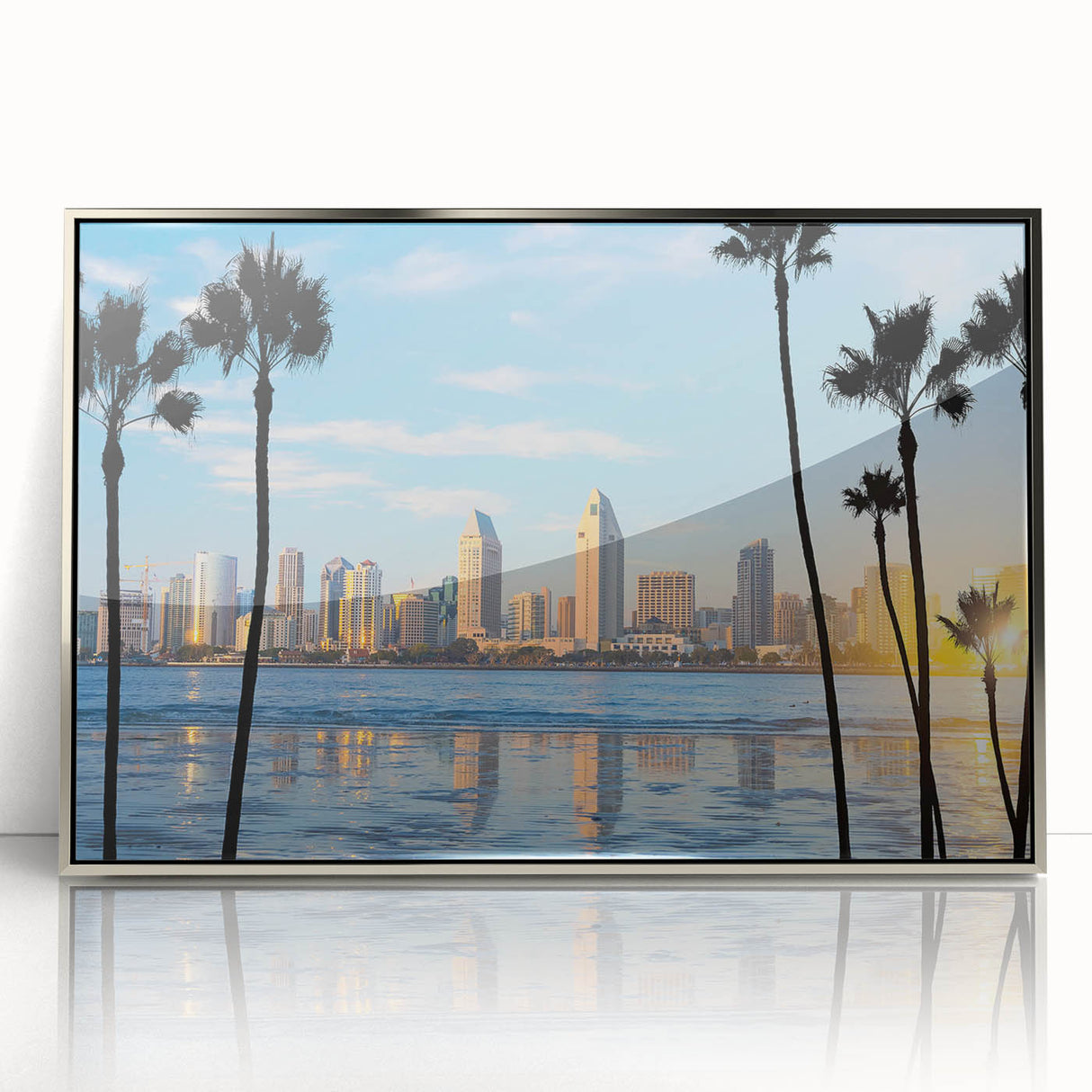 Mid-century modernist art of Coronado, California scenery in silver acrylic frame, suited for nursery wall art.