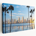 Side view of a large stretched canvas depicting the Coronado, California coastline in soft pastel colors.