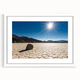 Abstract art print of Death Valley in muted earth tones on a framed white mat, suitable for dining room or bedroom decor.