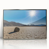 Mid-century modernist art depicting Death Valley in muted earth tones on a silver-framed acrylic print.