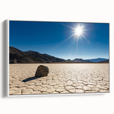 Vintage poster art of Death Valley on a framed canvas, featuring a black and colorful palette, ideal for living room decor.