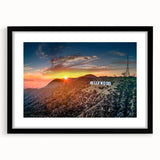 Extra large abstract art print of colorful, textured Hollywood, California scenery on a black framed canvas.