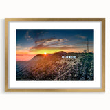 Extra large abstract art print depicting a textured Hollywood, California scene in muted earth tones, framed in gold.