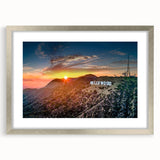 Textured abstract art print of Hollywood, California in silver frame, with muted earth tones, ideal for bedroom decor.