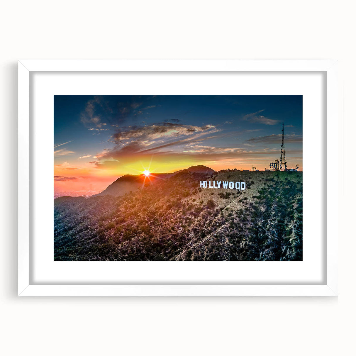 Abstract art print of Hollywood, California in muted gray and blue tones on a framed white canvas.