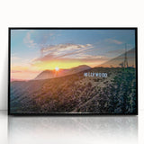 Large abstract wall art featuring a colorful Hollywood, California scenery on a black framed acrylic.