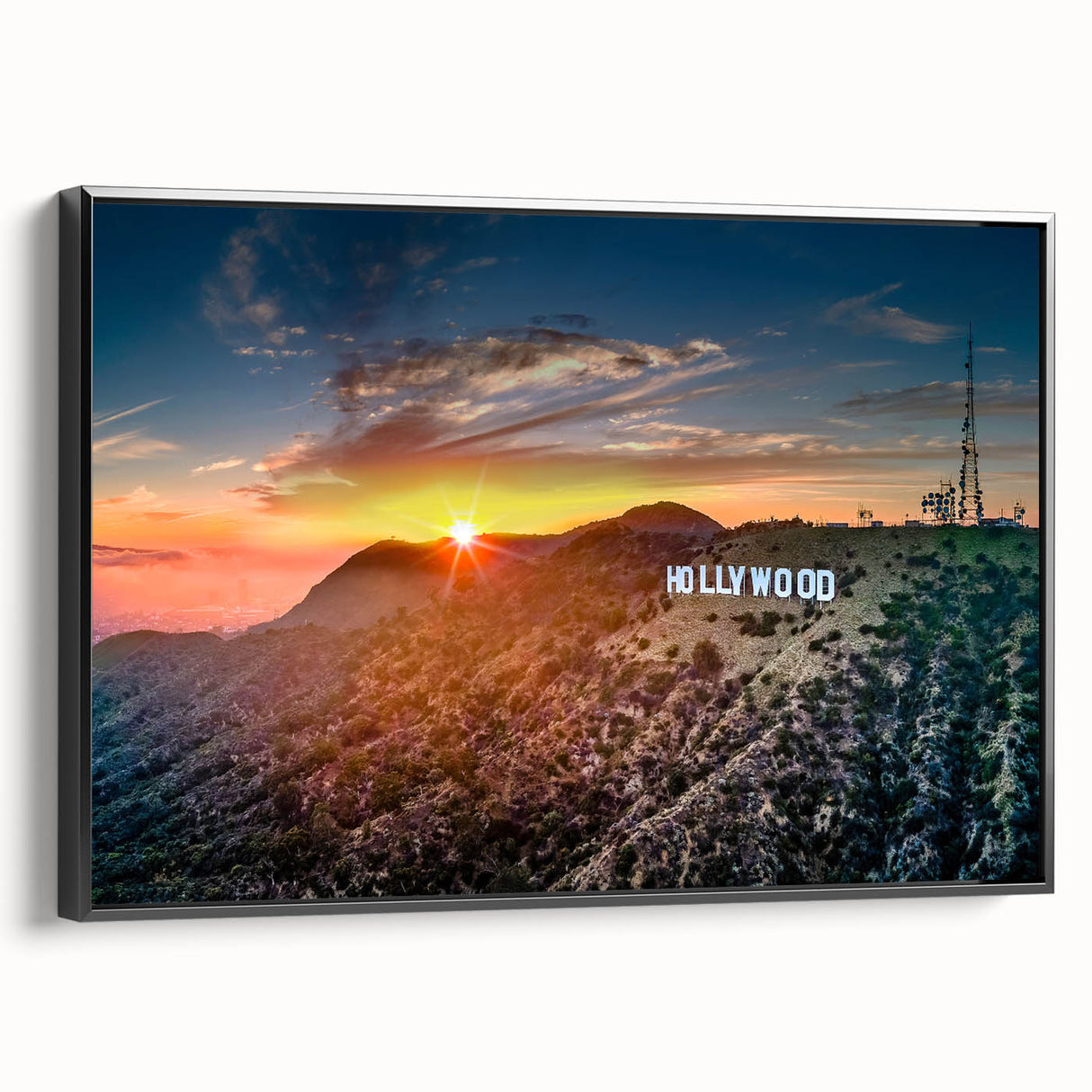 Black and white wall art of the Hollywood landscape on framed canvas, featuring vintage poster art style.