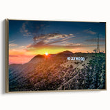 Framed canvas of a vintage-style Hollywood, California landscape in black and gold tones, ideal for bedroom wall art.