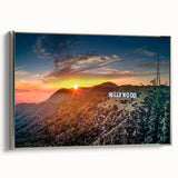 Framed canvas depicting a colorful vintage Hollywood, California landscape, ideal for living room decor.