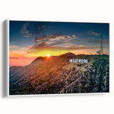 Vintage poster art of Hollywood, California in colorful hues on extra large framed canvas, ideal for living room decor.