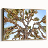 Framed canvas landscape art of Joshua Tree, featuring muted earth tones and a vintage poster style, ideal for bedroom decor.