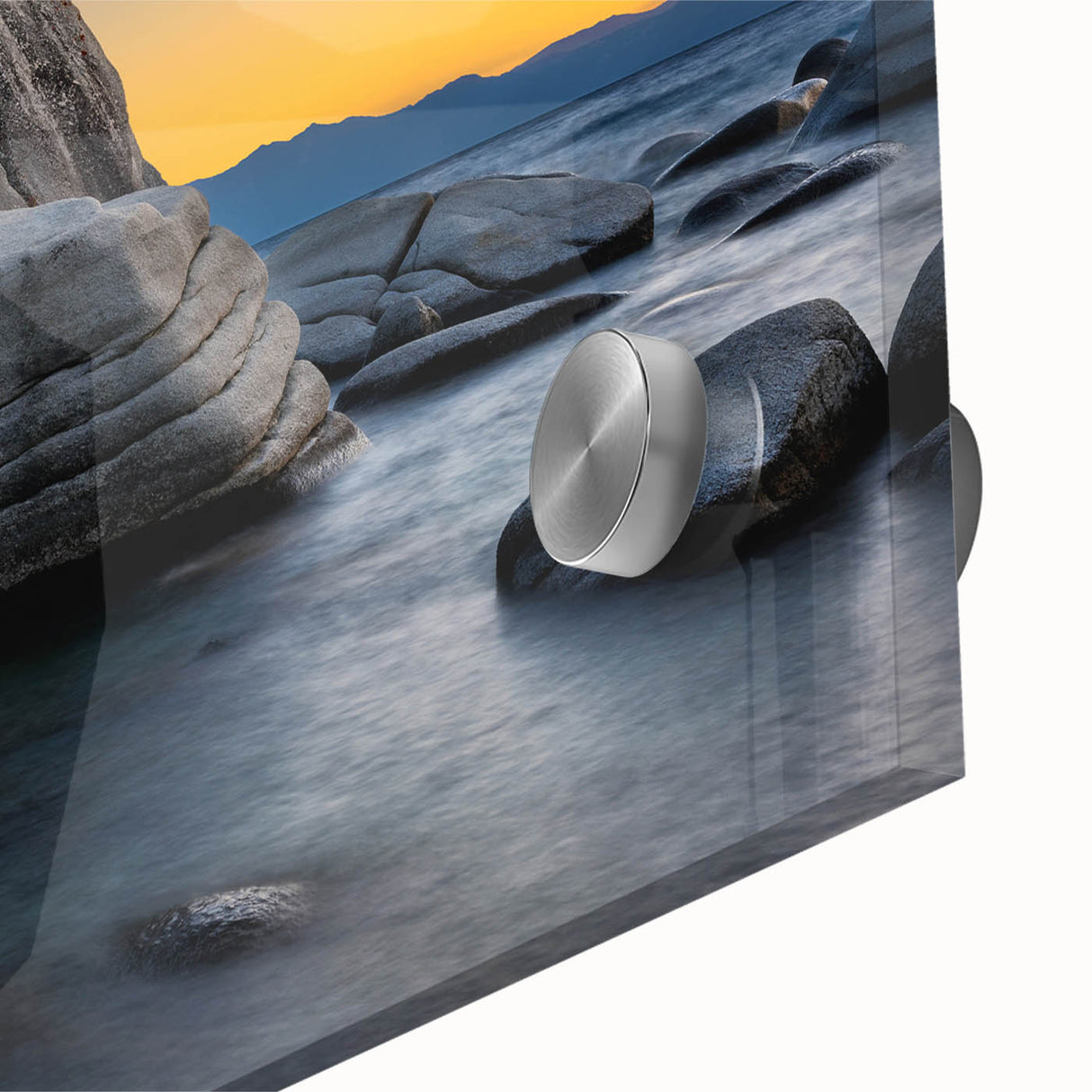 Large abstract depiction of Lake Tahoe in muted blue and green tones on acrylic glass, suitable for dining room art.