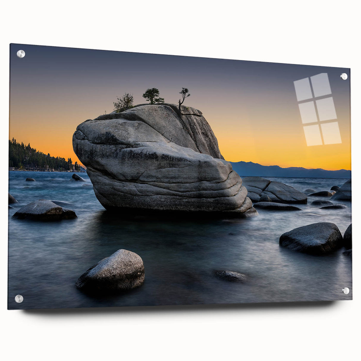 Acrylic print of Lake Tahoe with vivid blue and green tones, suitable for dining room or bedroom decor.