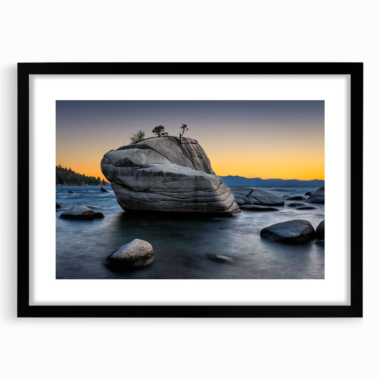 Extra large abstract art print of Lake Tahoe with vibrant, textured colors on a black framed canvas.
