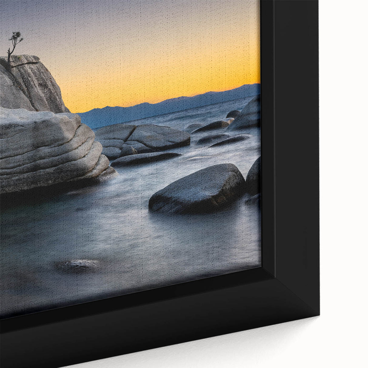Extra large black wall art of Lake Tahoe with vibrant, textured colors on a framed canvas, ideal for living room decor.