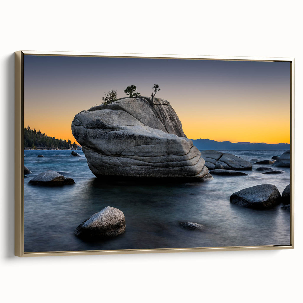 Framed canvas landscape painting of Lake Tahoe with muted blue and green tones, ideal for bedroom wall art.
