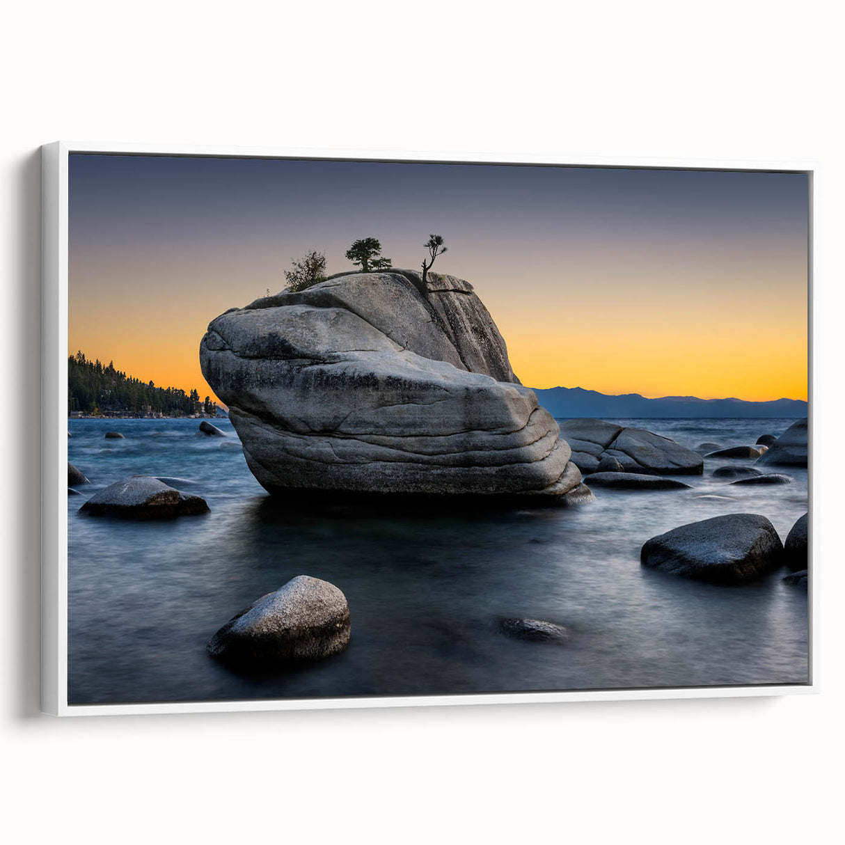 Vintage poster art of Lake Tahoe on framed canvas, featuring vibrant colors, ideal for living room decor.