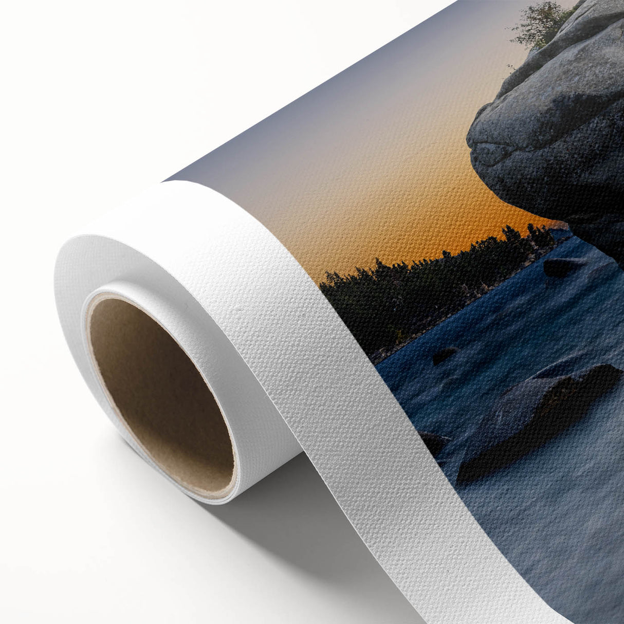 Art deco poster of Lake Tahoe with muted blue and green hues on rolled canvas, ideal for nursery wall art.
