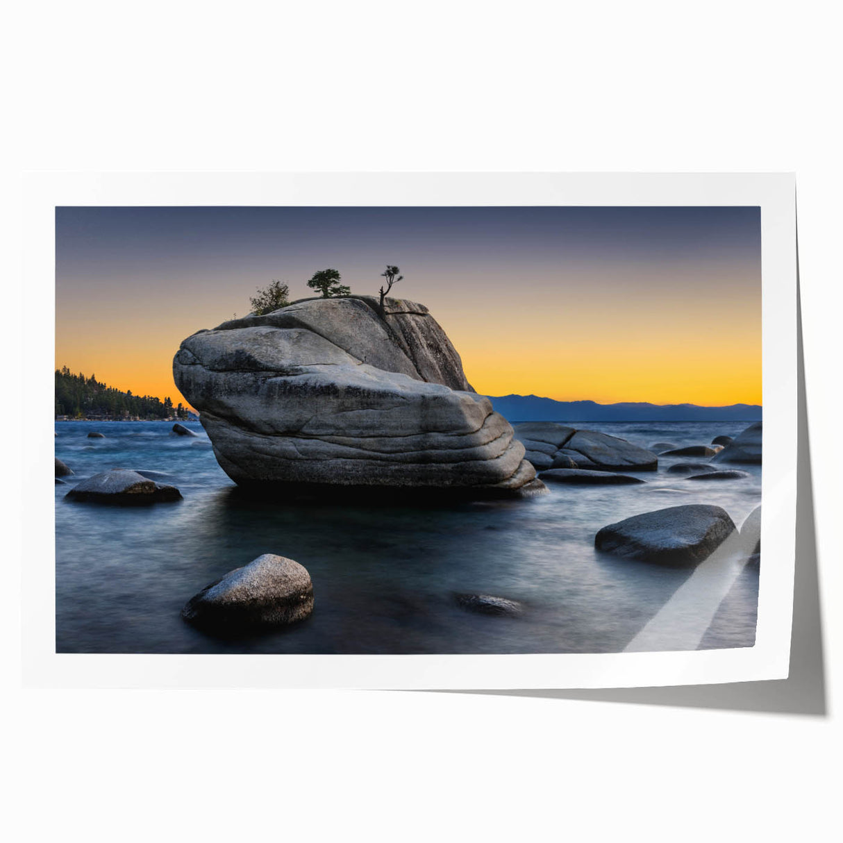 Extra large wall art featuring Lake Tahoe scenery in muted blue and green tones on rolled canvas.