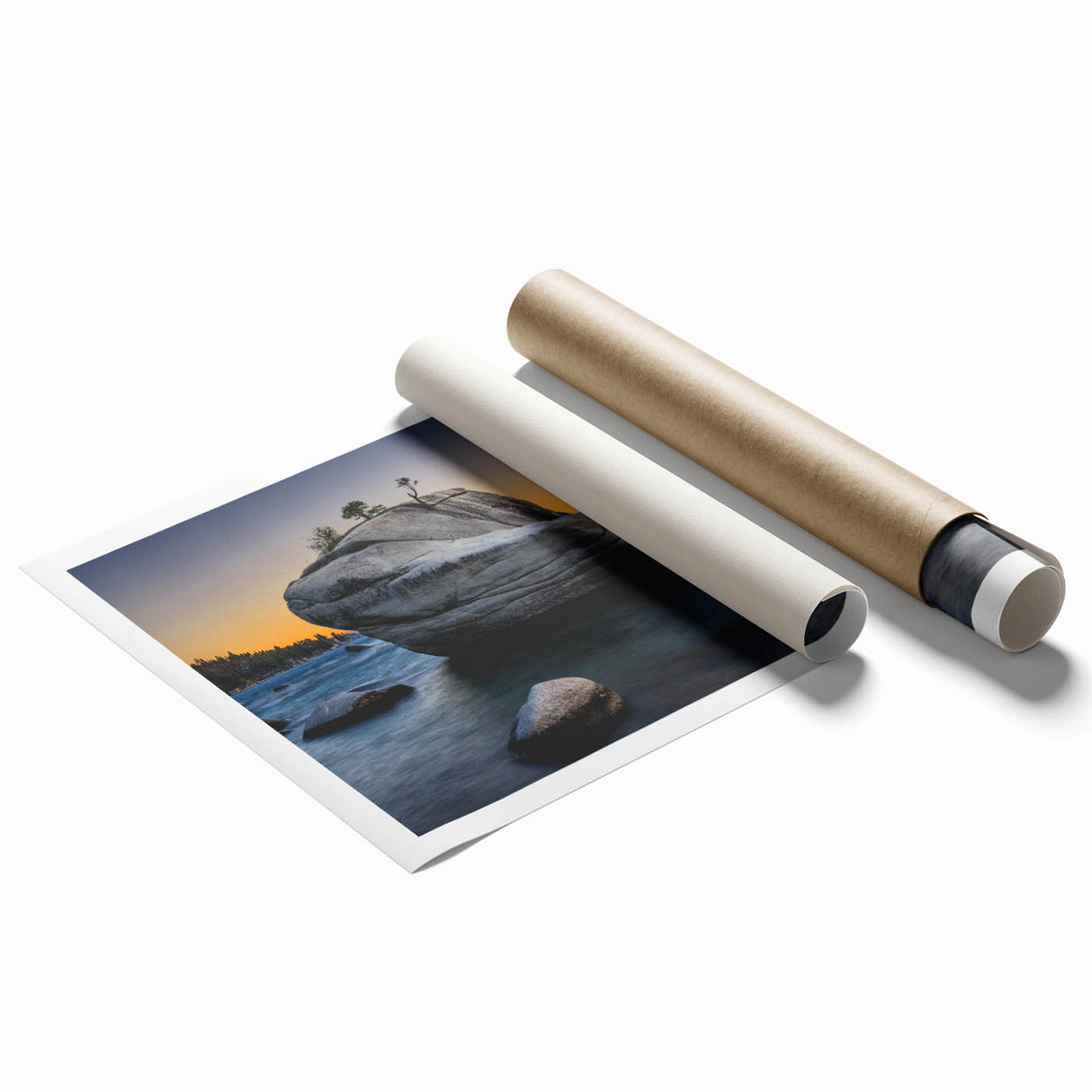 Extra large rolled print of Lake Tahoe with muted blue and green tones, ideal for classy bathroom wall art.